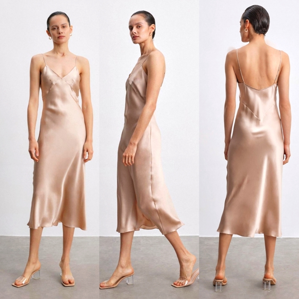 🆕 Satin Mulberry Silk Maxi Slip Dress in Desert Rose